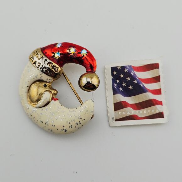 AAI Santa Hat Moon Brooch Pin Christmas Magic Celestial Glitter Enamel Vintage - Picture 3 of 5